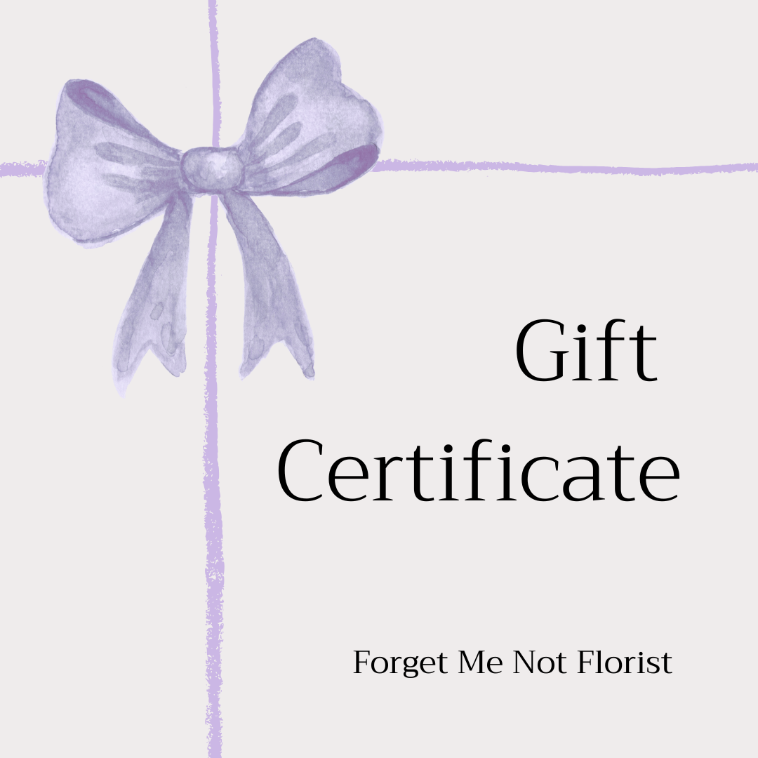 Gift certificate with a purple bow on a light purple background, featuring 'Forget Me Not Florist'.