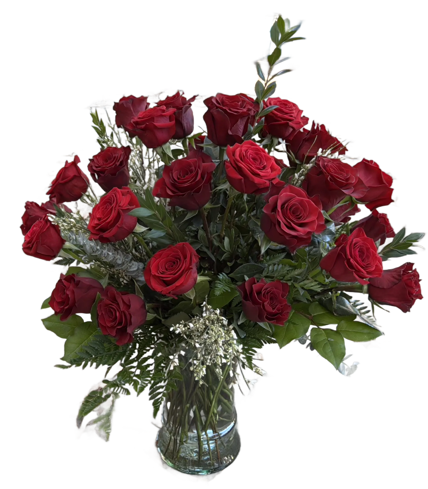 Bouquet of red roses in a clear vase