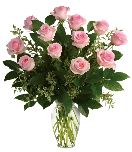 Bouquet of pink roses in a clear vase on a white background