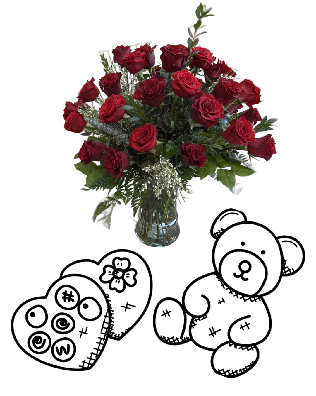 Bouquet of red roses in a vase with two cartoon-style figures on a white background