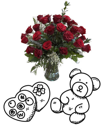 Bouquet of red roses in a vase with two cartoon-style figures on a white background