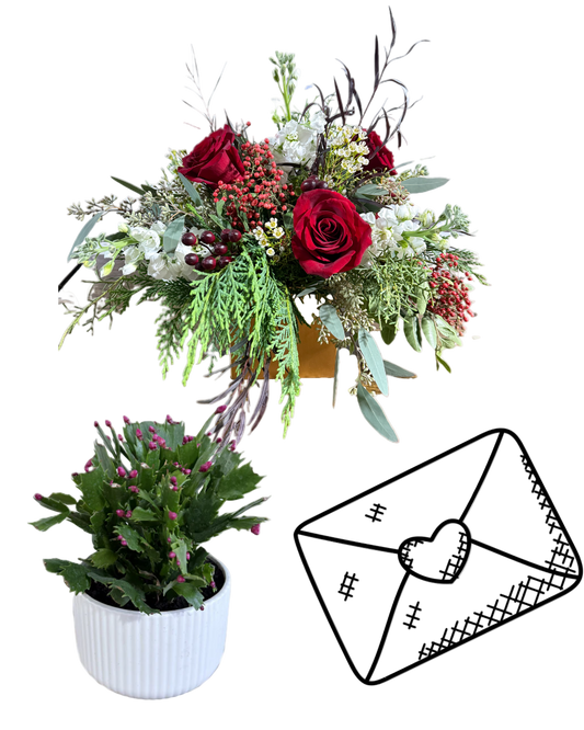 Floral arrangement with red roses and greenery, potted plant, and decorative envelope on a white background