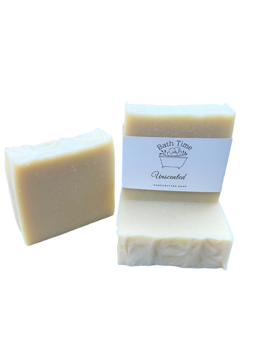 Two bars of unscented soap with a packaging label on a white background
