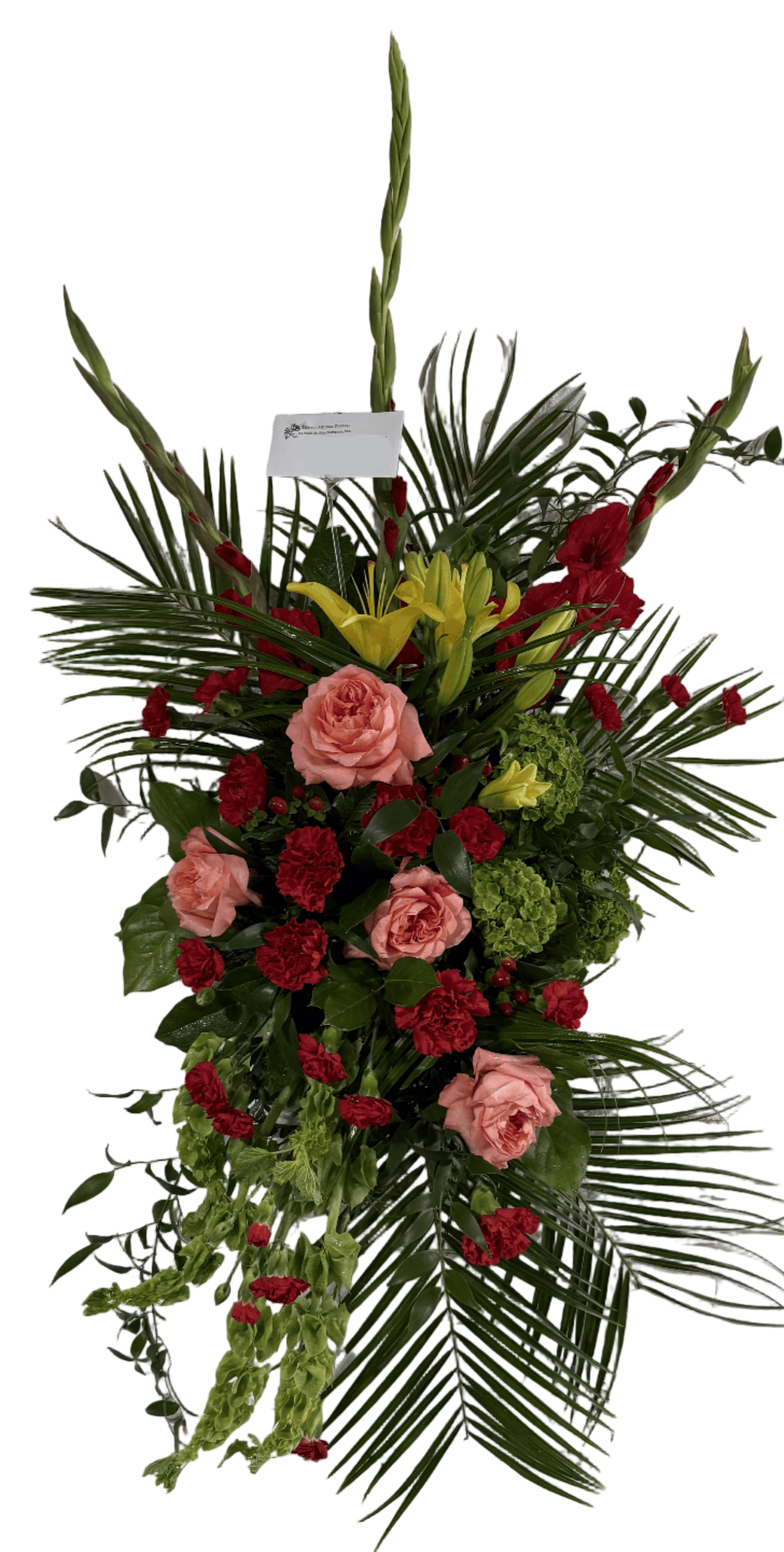 red, yellow, orange, and green standing spray with a unique shape