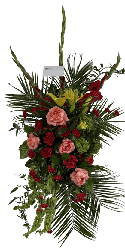 red, yellow, orange, and green standing spray with a unique shape