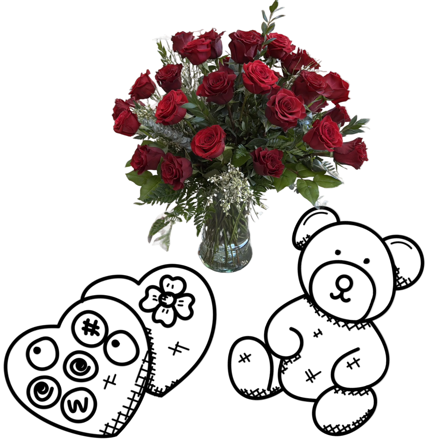 Bouquet of red roses in a vase with two black and white illustrations of a heart and teddy bear on a white background.