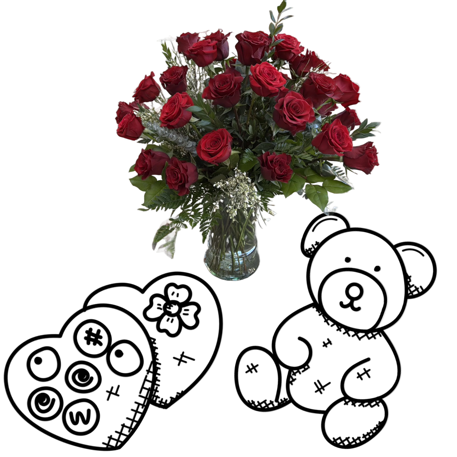 Bouquet of red roses in a vase with two black and white illustrations of a heart and teddy bear on a white background.
