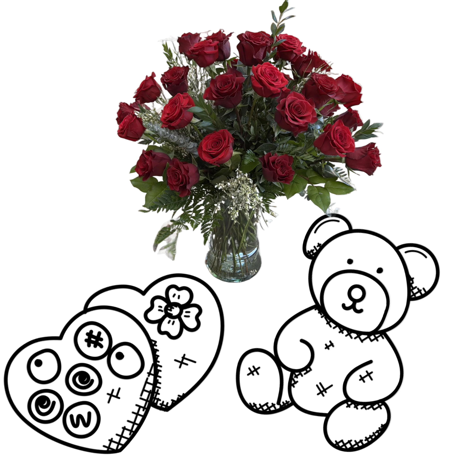 Bouquet of red roses in a vase with two black and white illustrations of a heart and teddy bear on a white background.