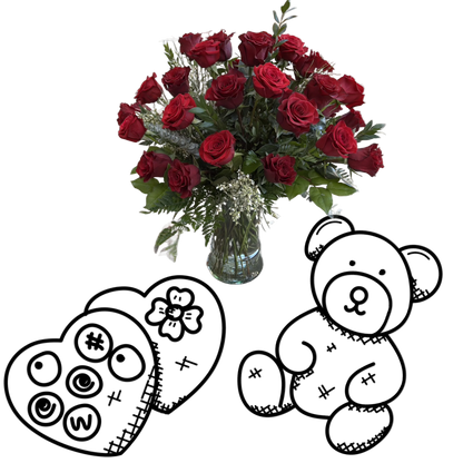 Bouquet of red roses in a vase with two black and white illustrations of a heart and teddy bear on a white background.