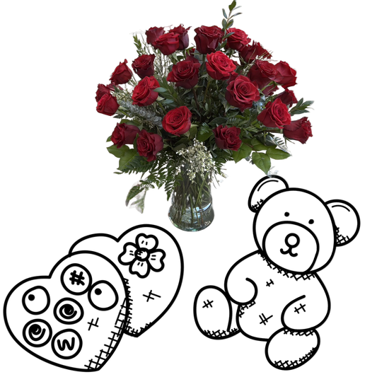 Bouquet of red roses in a vase with two black and white illustrations of a heart and teddy bear on a white background.