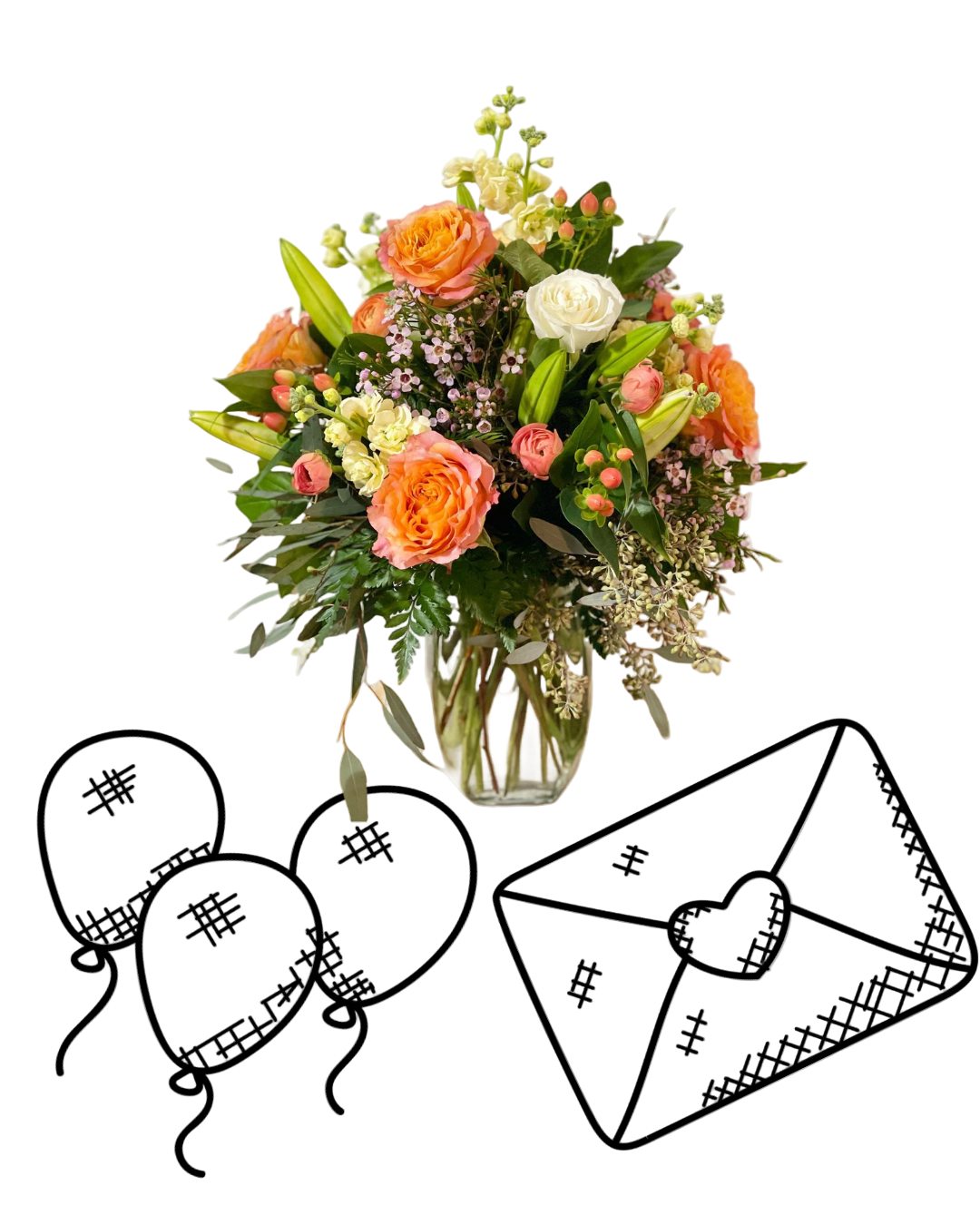 Bouquet of flowers in a vase with decorative illustrations of balloons and an envelope on a white background