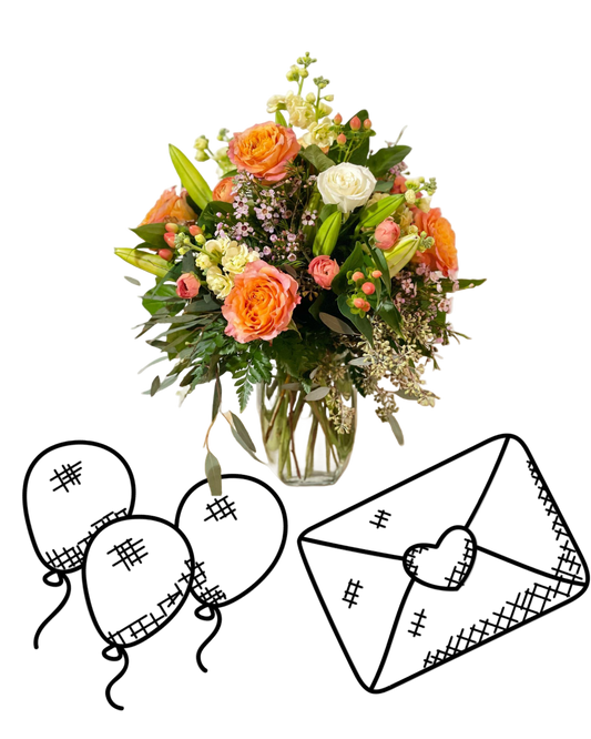 Bouquet of flowers in a vase with decorative illustrations of balloons and an envelope on a white background