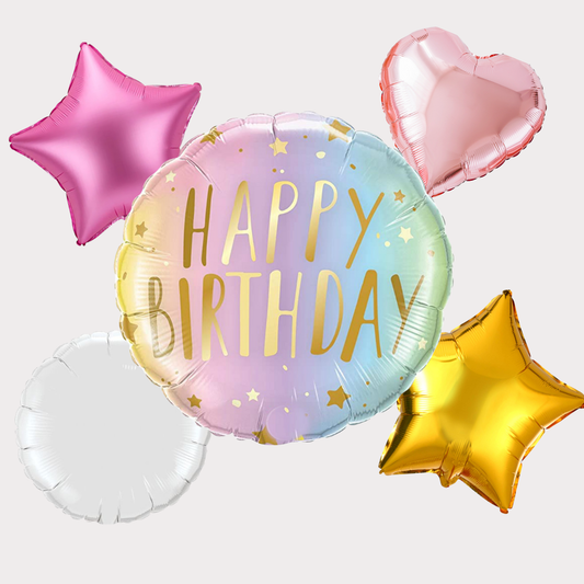 5 Colorful birthday balloons, 2 stars, a heart, a circle, and a circle with 'Happy Birthday' text on a white background