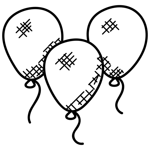 Black and white illustration of three balloons with ribbons on a white background