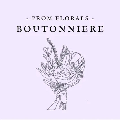 Outline of a prom floral boutonniere on a light purple background with text 'Prom Florals Boutonniere'.