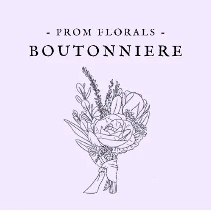 Outline of a prom floral boutonniere on a light purple background with text 'Prom Florals Boutonniere'.