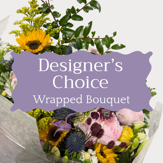 Bouquet of flowers with 'Designer's Choice Wrapped Bouquet' text overlay