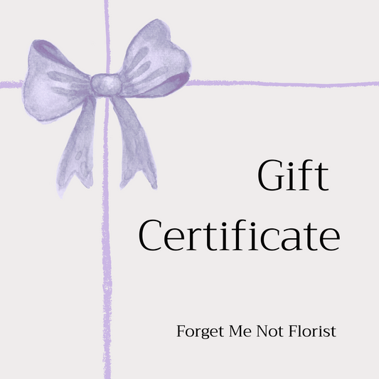 Gift certificate with a purple bow on a light purple background, featuring 'Forget Me Not Florist'.