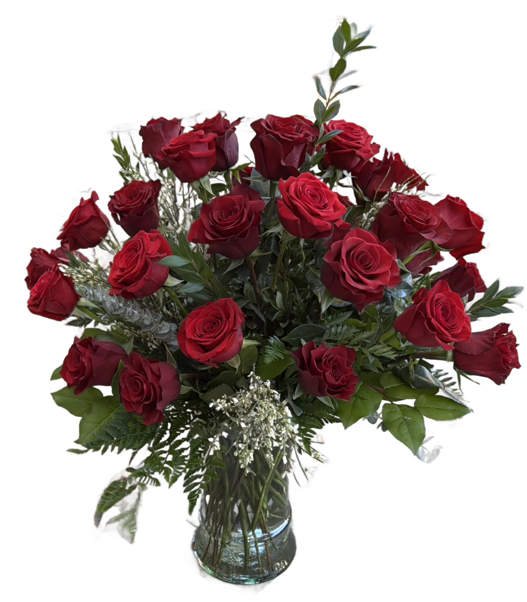 Bouquet of red roses in a clear vase 