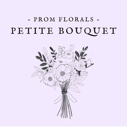 Line drawing of a handheld bouquet with 'Prom Florals Petite Bouquet' text on a light purple background