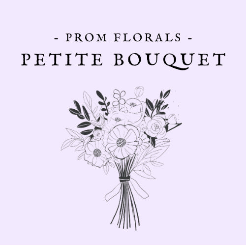 Line drawing of a handheld bouquet with 'Prom Florals Petite Bouquet' text on a light purple background