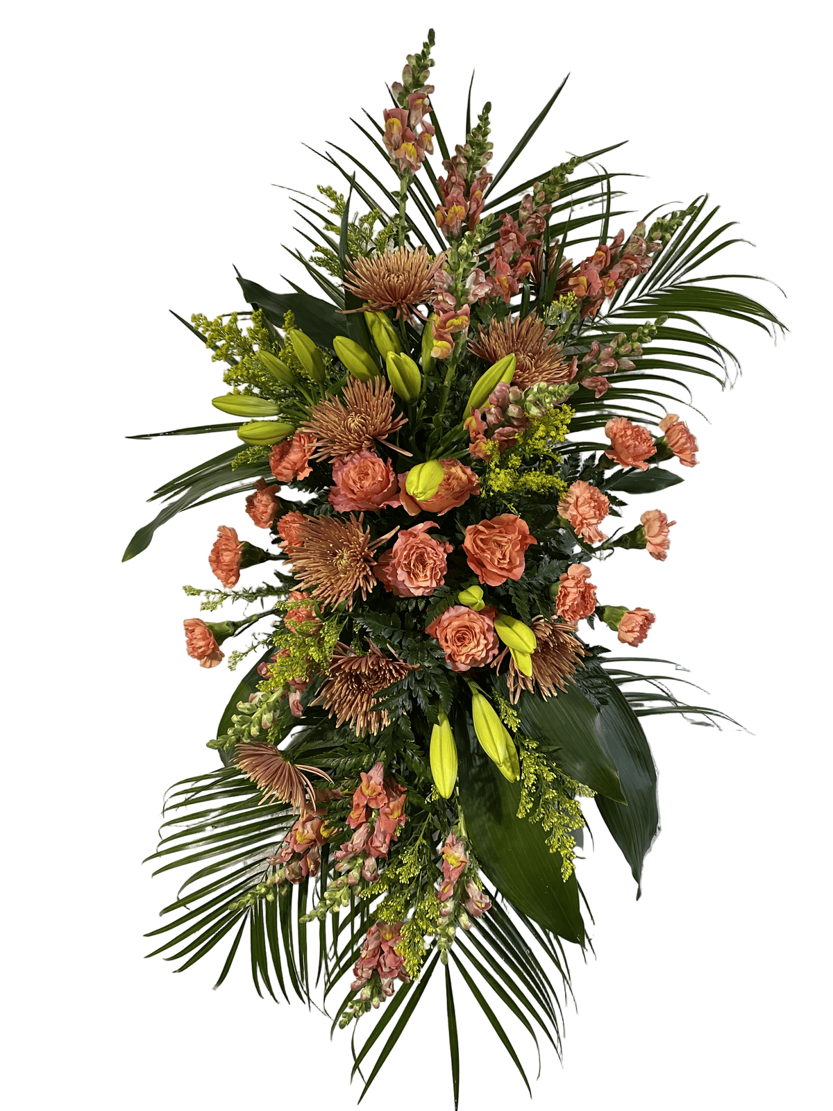 Standing spray with peach, copper, and yellow colored flowers