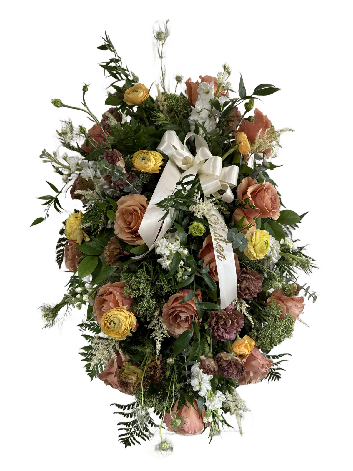 standing spray with copper, yellow, and green flowers with a white ribbon reading "sister" 