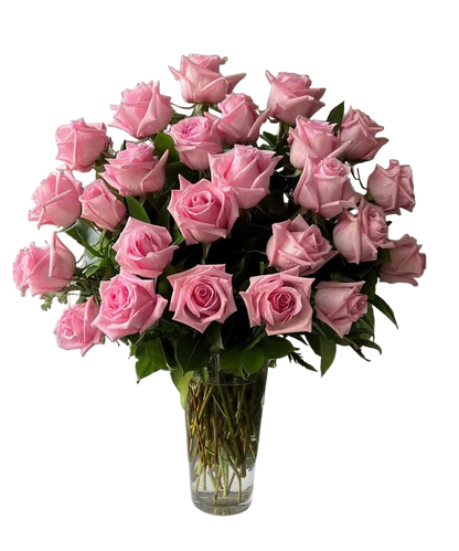 Bouquet of three dozen  pink roses in a clear vase with greenery