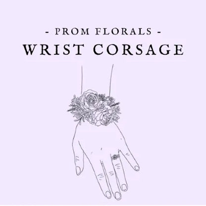 Illustration of a hand wearing a wrist corsage with text 'Prom Florals Wrist Corsage' on a light purple background.