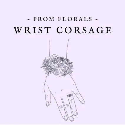 Illustration of a hand wearing a wrist corsage with text 'Prom Florals Wrist Corsage' on a light purple background.